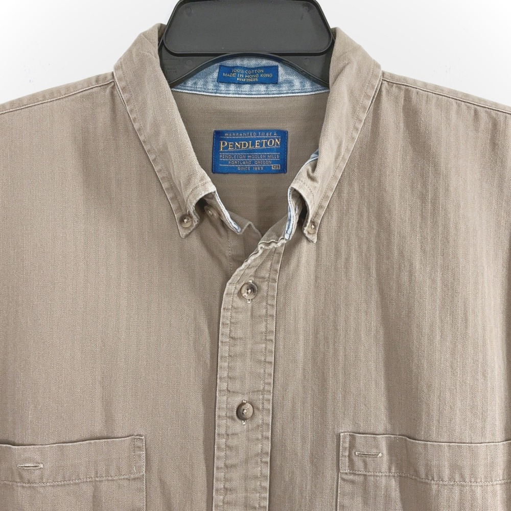 Pendleton Shirt Men's XL Tan Herringbone Button Down Cotton Vintage‎ USA